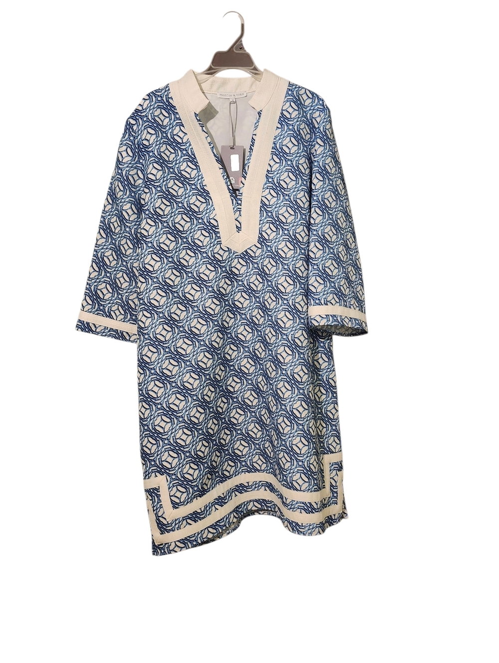 Preston & York Blue and Cream Geometric V-Neck Midi Dress - 18 Spring Tunic